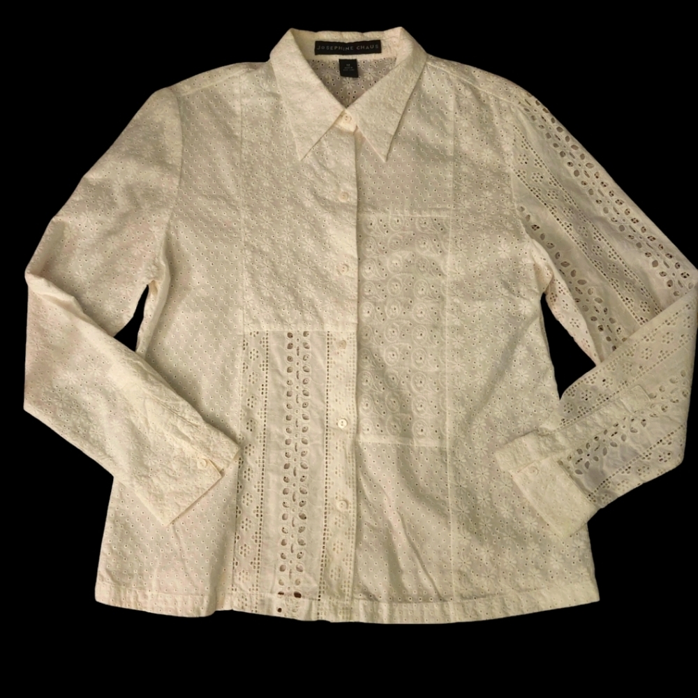 White Eyelet 100% cotton Josephine Chaus button down long sleeve top womens 12